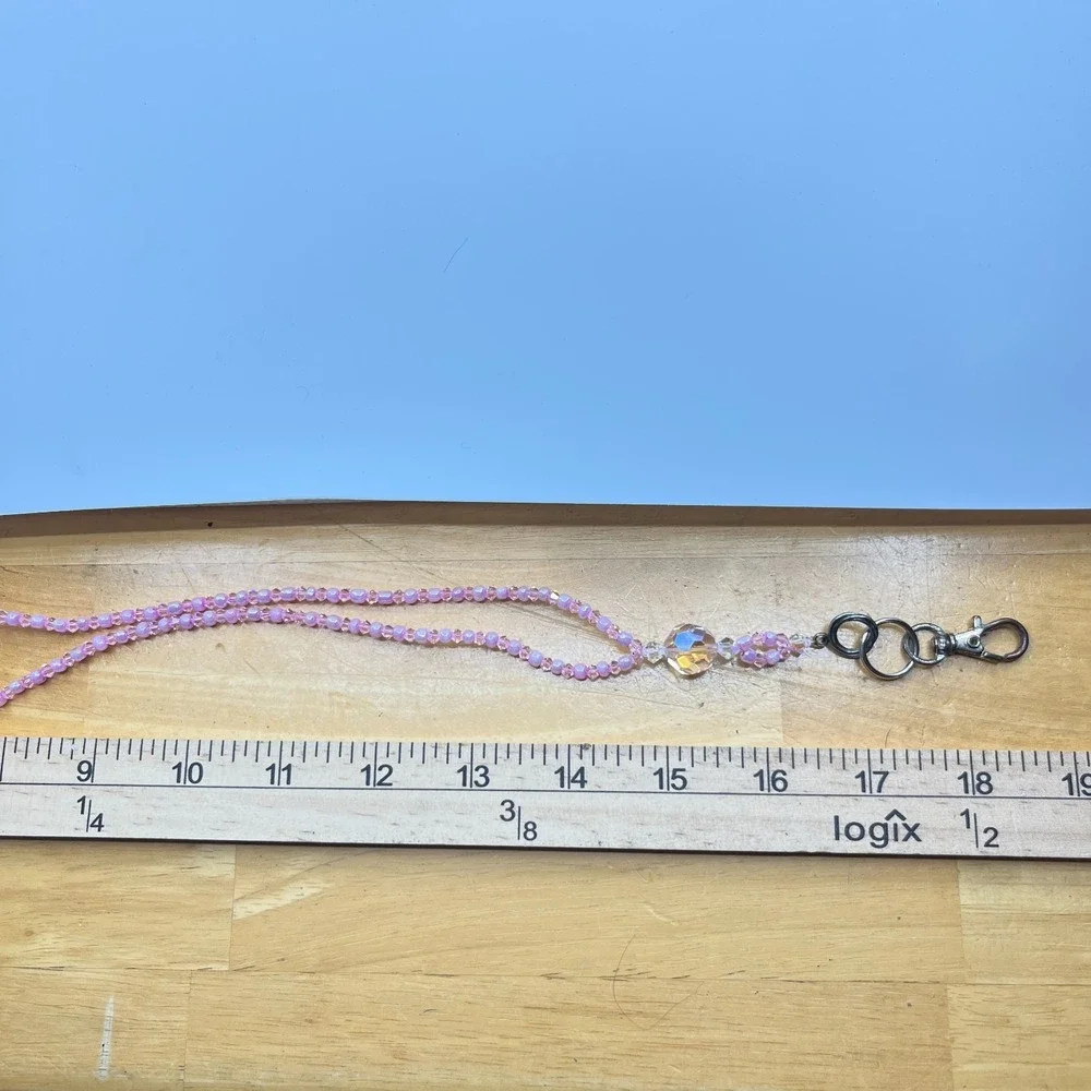 Vintage Y2K Pink Crystal Beaded‎ Lanyard Necklace ID Badge Holder Retro Boho